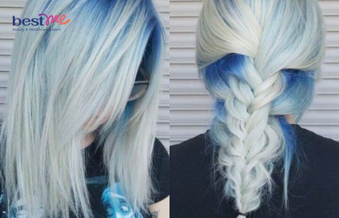 Nhuộm tóc highlight xanh dương với tóc bạch kim