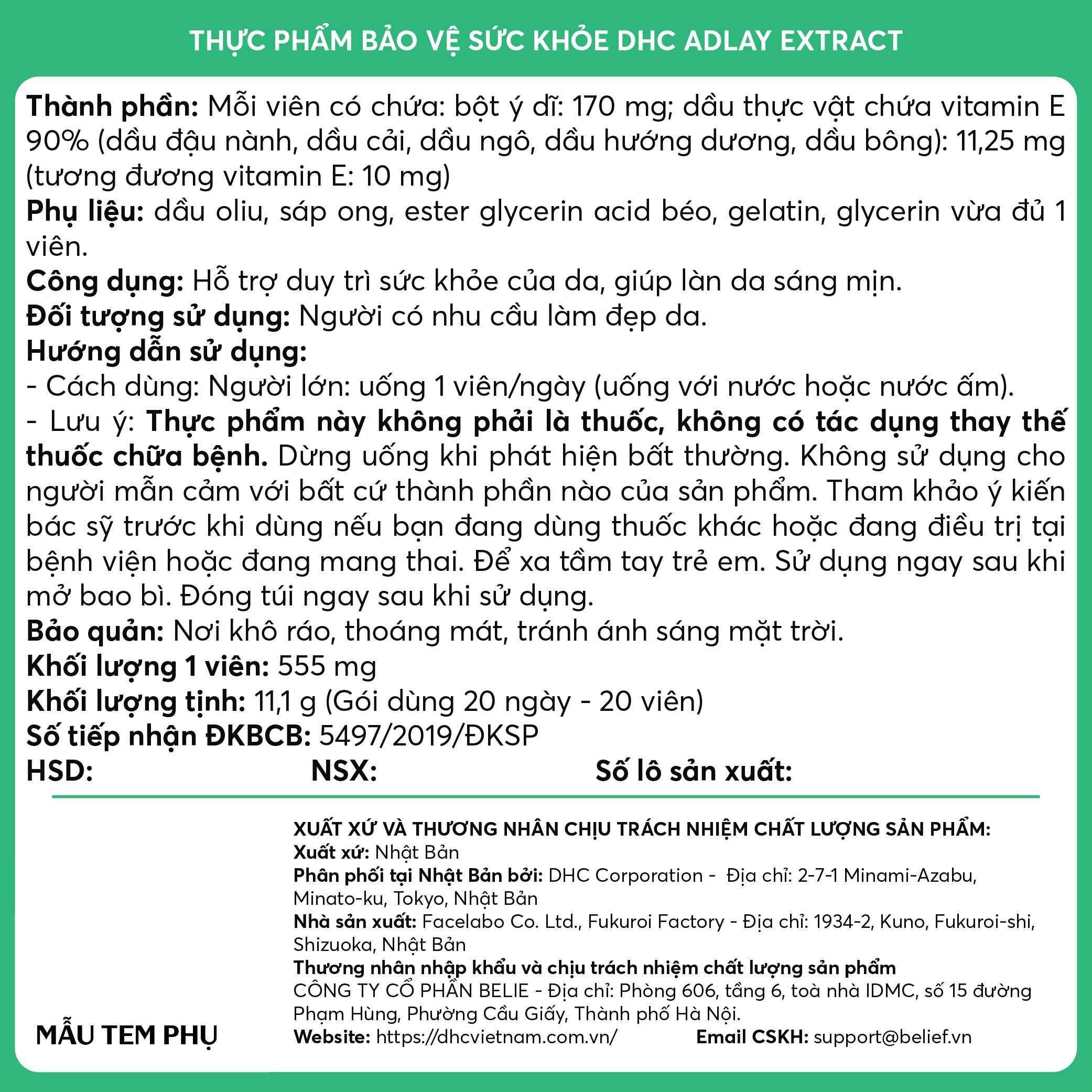 Thực phẩm bảo vệ sức khỏe DHC Adlay Extract
