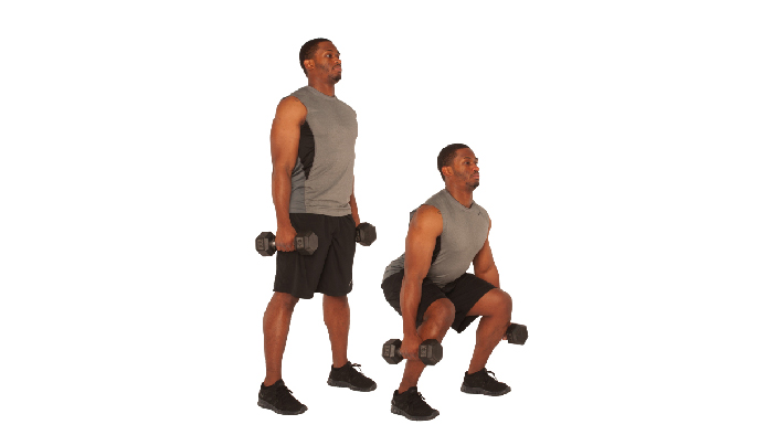 Tập squat với tạ đơn rèn luyện cơ đùi trước