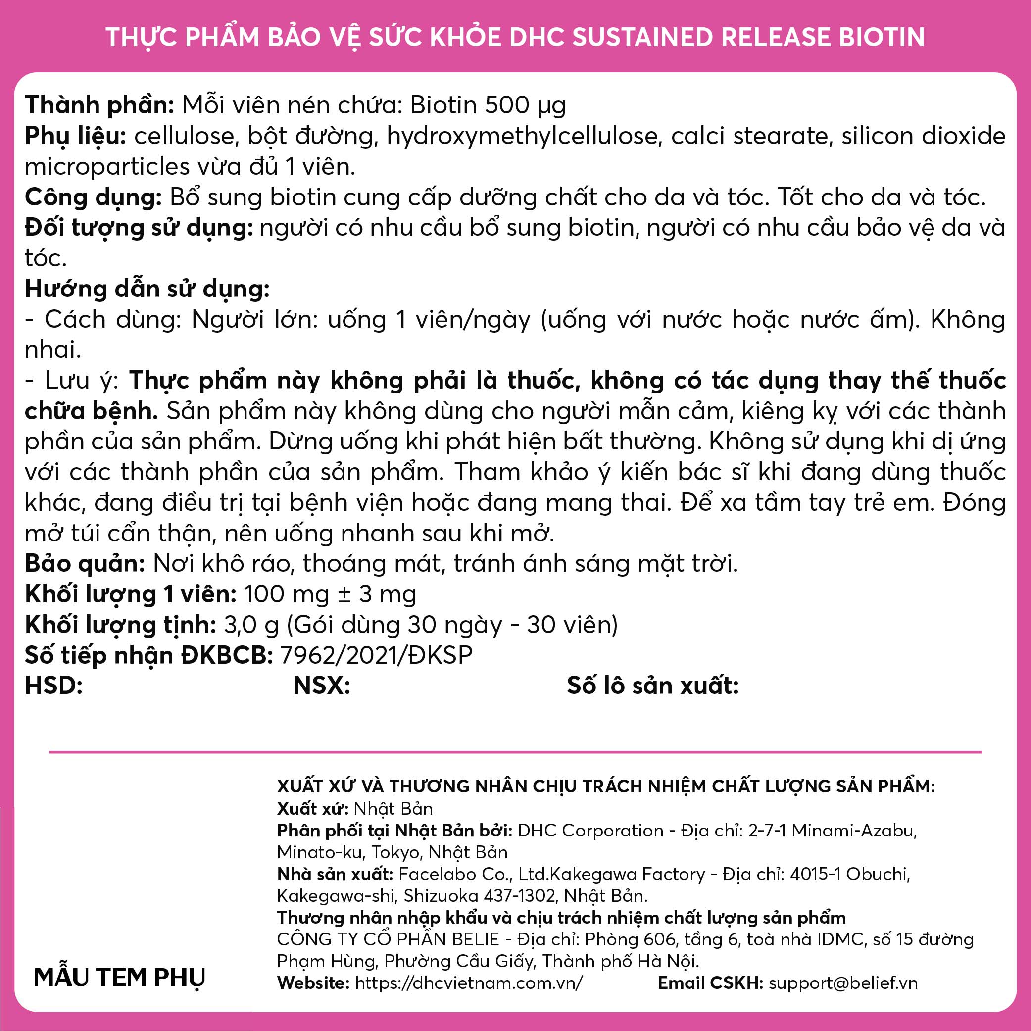 Thực phẩm bảo vệ sức khỏe DHC Sustained Release Biotin
