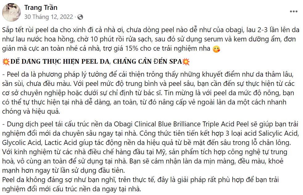 Đánh giá của người dùng về Obagi Clinical Blue Brilliance Triple Acid Peel 