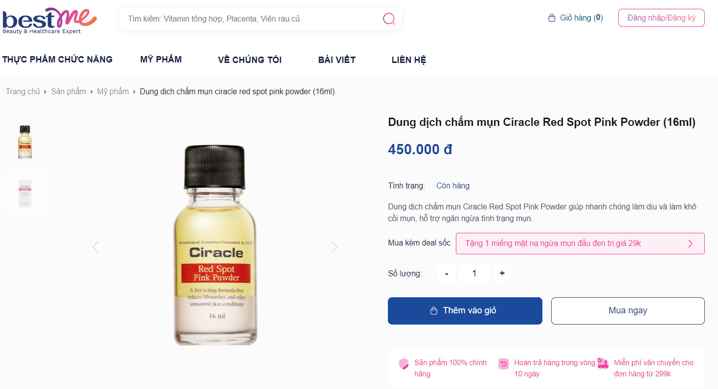 Chấm mụn Ciracle được bán trên website Bestme