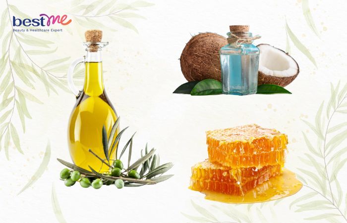Dầu oliu, dầu dừa và mật ong đều là những nguyên liệu tự nhiên được sử dụng để dưỡng tóc