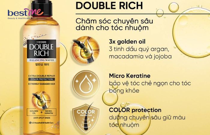 Xịt dưỡng tóc Double Rich với thành phần giàu dưỡng chất nuôi dưỡng tóc chắc khỏe, hết hư tổn