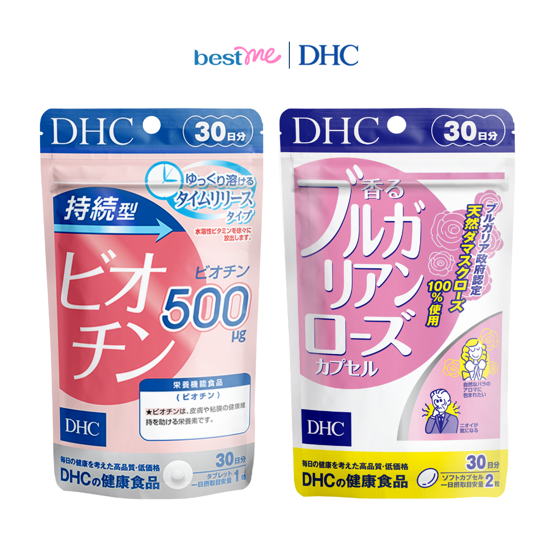 Combo thực phẩm bảo vệ sức khỏe DHC Bulgarian Rose Capsule + DHC Sustained Release Biotin