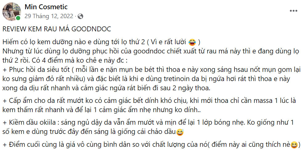 Nhiều khách hàng đánh giá tích cực về sản phẩm kem dưỡng rau má Goodndoc