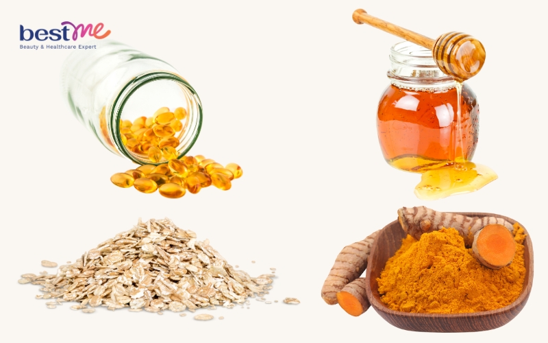 Mặt nạ vitamin E + mật ong + tinh bột nghệ + yến mạch