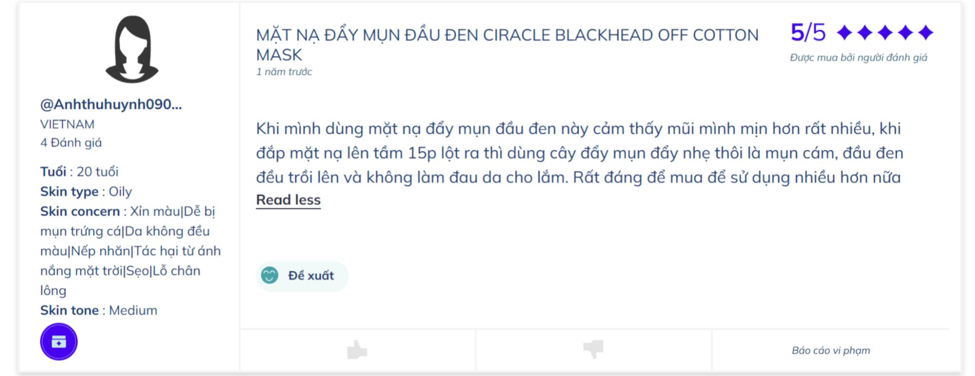 Đánh giá của khách hàng trên Try&Review khi sử dụng mặt nạ trị mụn đầu đen Ciracle