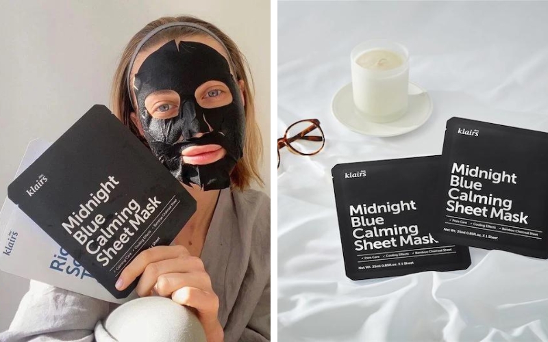 Mặt nạ Klairs Midnight Blue Calming Sheet Mask giúp làm dịu da nhanh chóng, giảm viêm sưng, mẩn đỏ