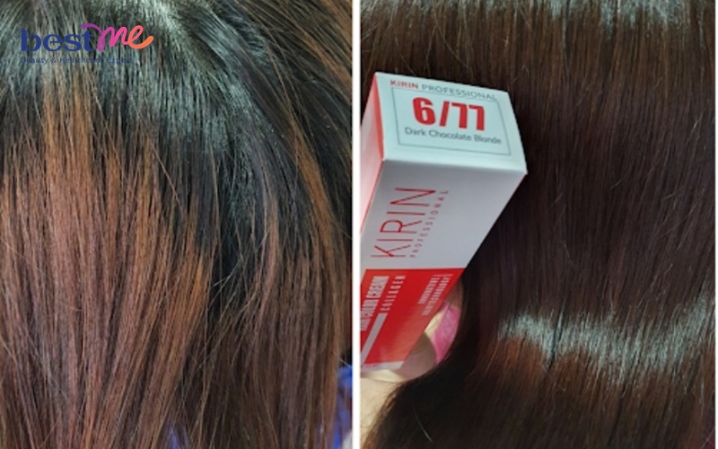 Nhuộm màu tóc nâu socola trên nền tóc 2 khúc màu cần nâng tone