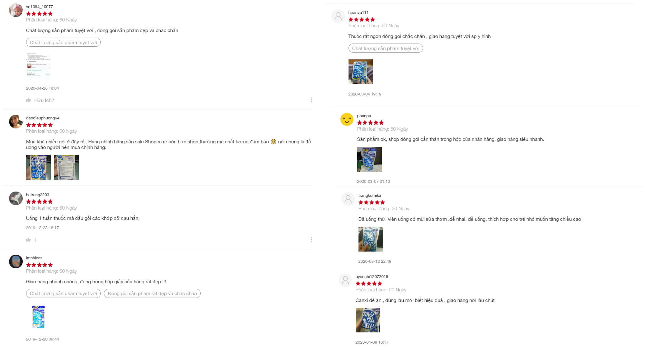 Đánh giá từ người dùng về viên uống canxi + CBP tại gian hàng chính hãng của Bestme trên Shopee