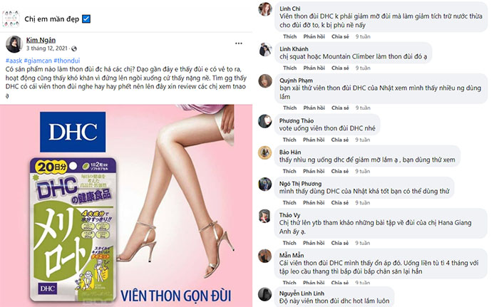 Review viên uống thon chân DHC từ khách hàng trên các hội nhóm làm đẹp facebook