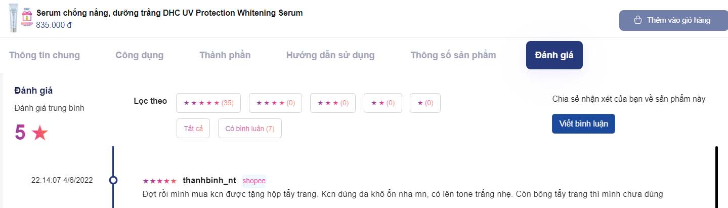 Đánh giá serum chống nắng DHC trên trang bán hàng bestme.vn