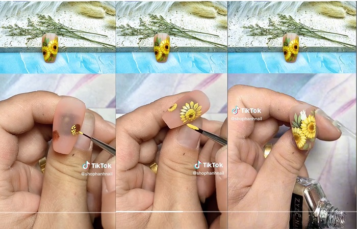 Vẽ hoa hướng dương trên móng đơn giản cùng Shop hạnh nail (Nguồn: @shophanhnail)