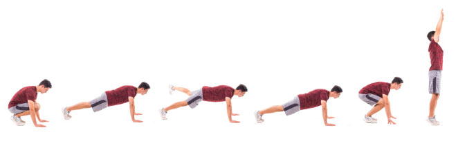 Burpees là bài tập kết hợp nhiều động tác kích thích hoạt động ở cơ bụng, bắp đùi, cơ tay, vai