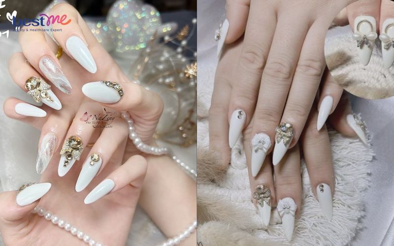Mẫu nails trắng cho cô dâu👰‍♀️👰‍♀️👰‍♀️ | Bộ sưu tập do Halee Nails 💅🏻  đăng | Lemon8