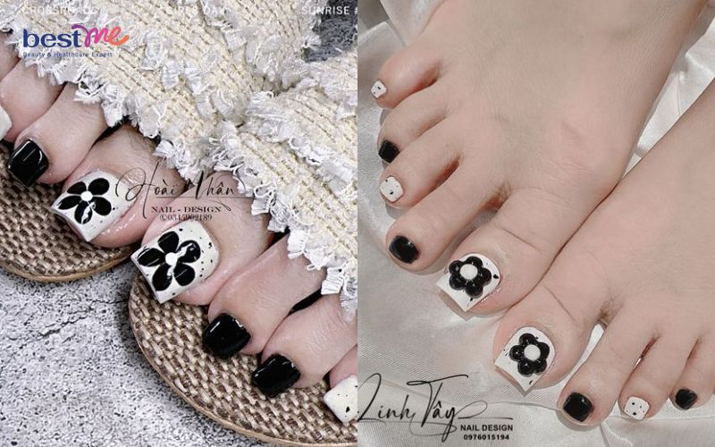 Móng chân Nail box thiết kế đen trắng loang vân đá vẽ viền đen | Lazada.vn