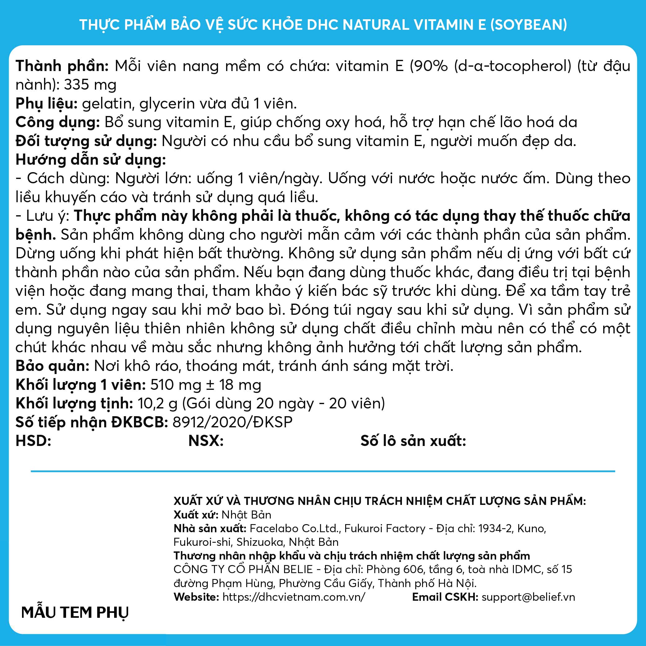 Thực phẩm bảo vệ sức khỏe DHC Natural Vitamin E (soybean)