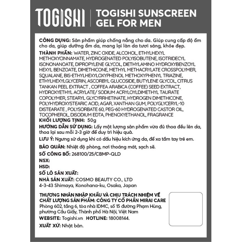 Kem chống nắng cho nam Togishi Suncreen Gel For Men