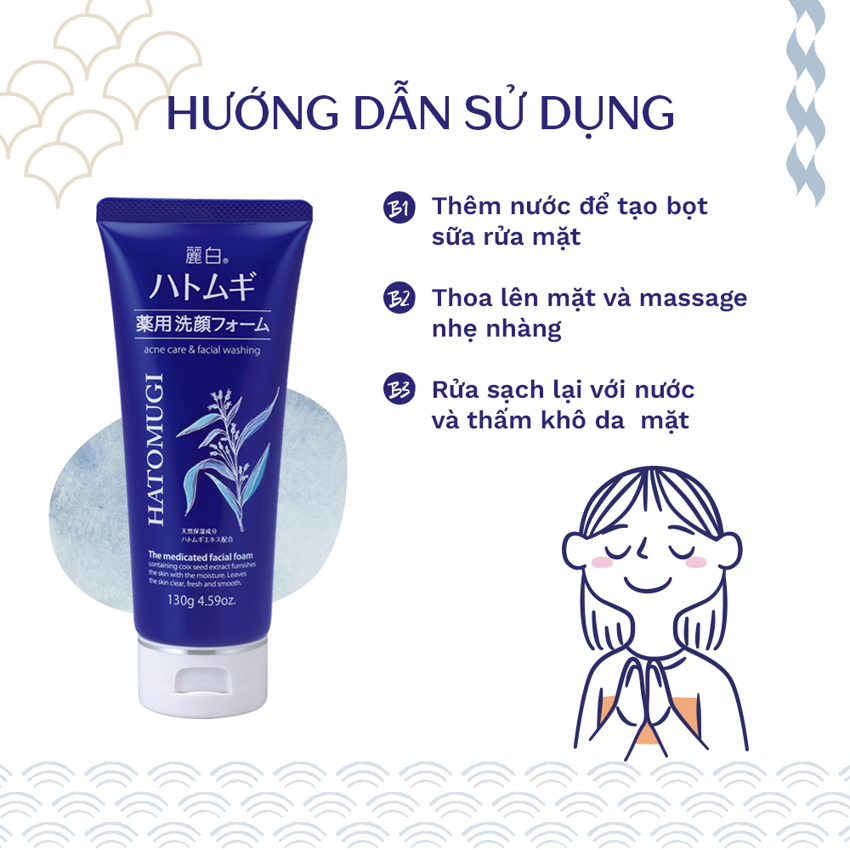 Sữa rửa mặt ngừa mụn, dưỡng ẩm Reihaku Hatomugi Acne Care & Facial Washing (130g)